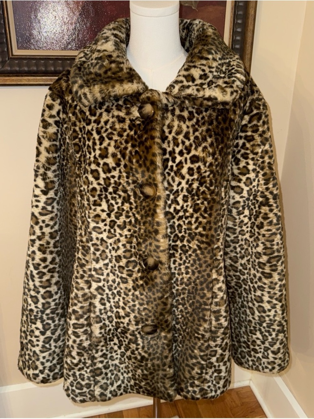 Liz Claiborne Leopard-Print Faux Fur Coat in Brown and Black